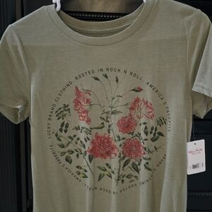 Lucky Brand Olive Green Floral Graphic Tee with Coral Blooms